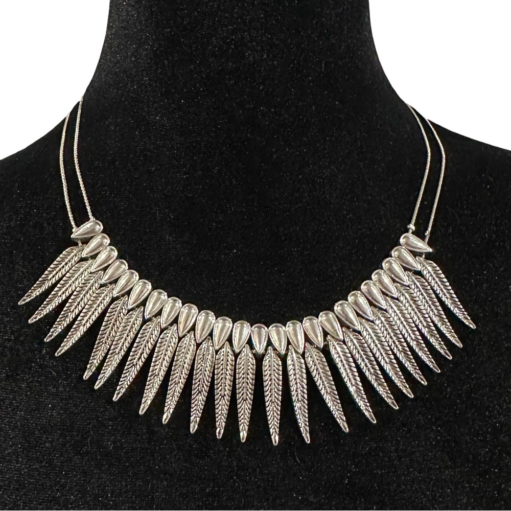 Tribal Feather Statement Necklace Silver Tone Adjustable Length